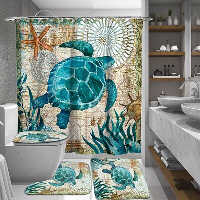3 pièces/ensemble salle de bain rideau de bain ensembles rideau de douche tortue de mer impression Durable imperméable tapis de couverture de toilette tapis antidérapant: Curtain Mat Set A
