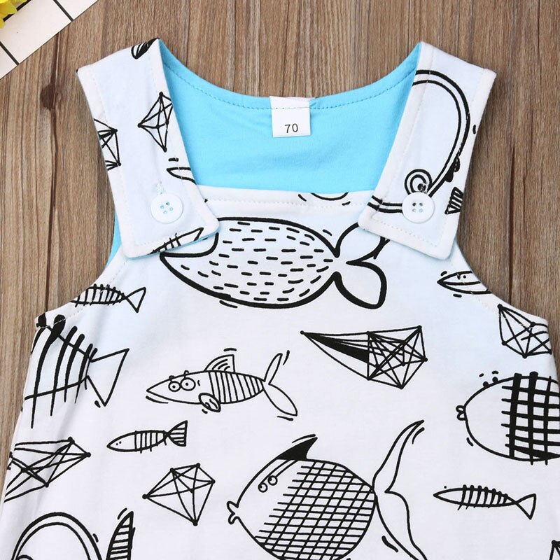 Focusnorm Newborn Infant Baby Boys Girls Romper Cartoon Print Fish Sleeveless Romper 1PC Outfit Clothes