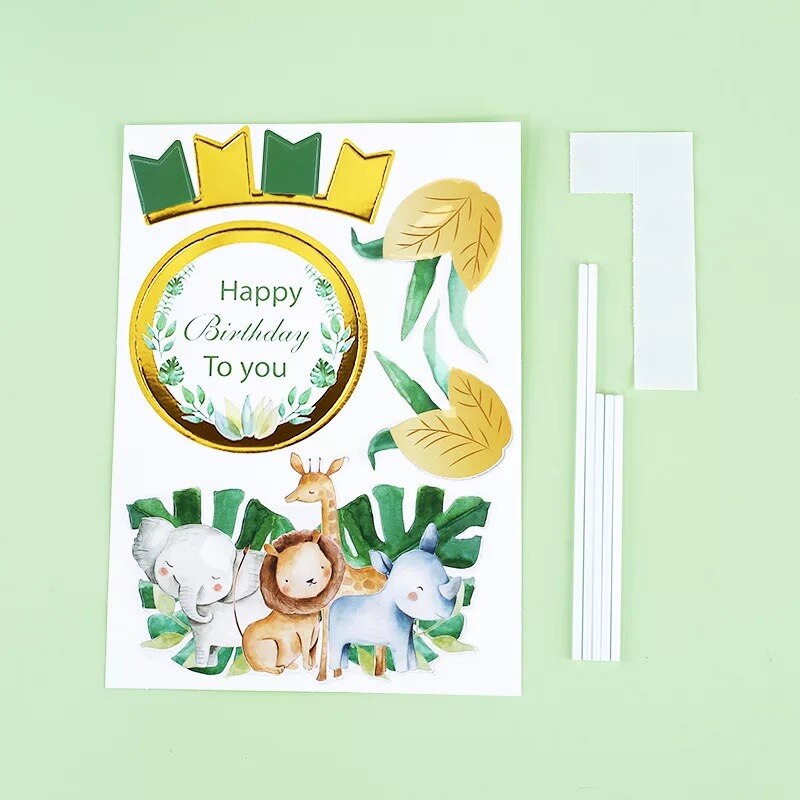 Jungle Safari Cupcake Topper Happy Birthday Banner Animal Cake Flags For Birthday Party Decorations Kids Boy Favors Supplies: Light Green