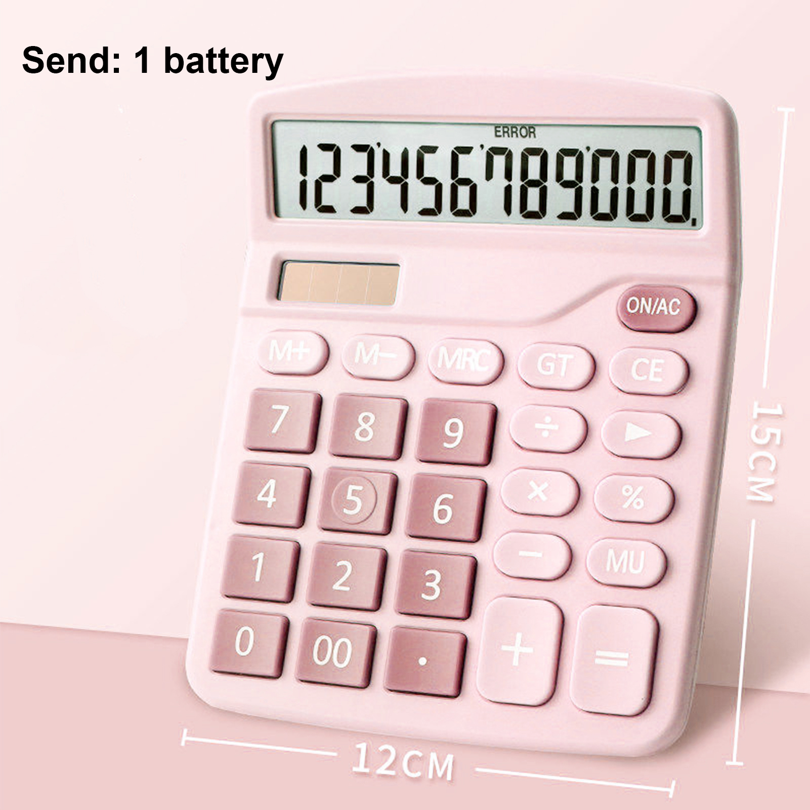 12 Bit Large Lcd Display Solar And Battery Dual Power Desktop Calculator Standard Functional Calculator Suitable For Home Office: Pink (send No.5 batt