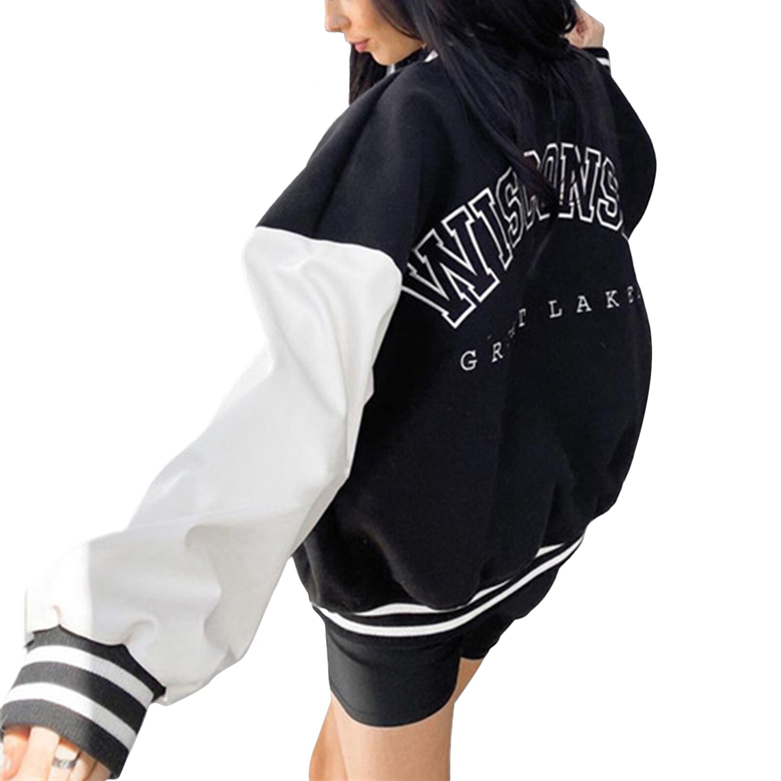 Vrouwelijke Baseball Jas Dames Contrast Kleur Nummer Patronen Lange Mouwen Jas Voor De Lente Herfst Zwart Wit S/M/L