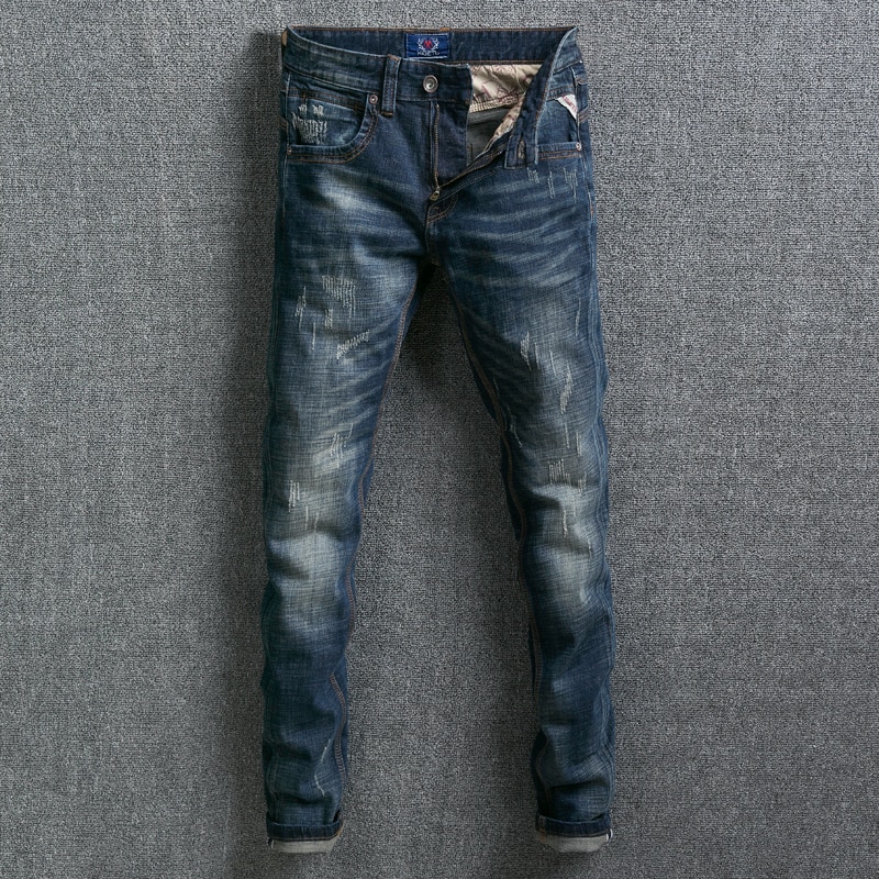 Pantalones vaqueros clásicos de para hombre ajustados en Color azul oscuro Vintage Denim Pantalones largos vaqueros rasgados ropa para Calle de Hombre Vaqueros de Hip Hop