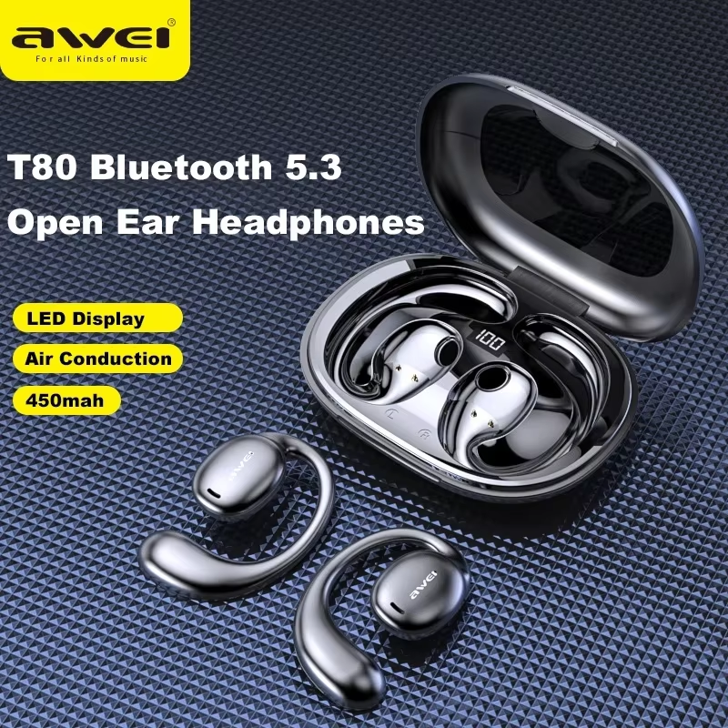 Awei T80 Bluetooth 5.3 Open Oortelefoon Luchtgeleiding Oorhaak Draadloze Sport Koptelefoon met Microfoon Lange Standby 450mAh Headset