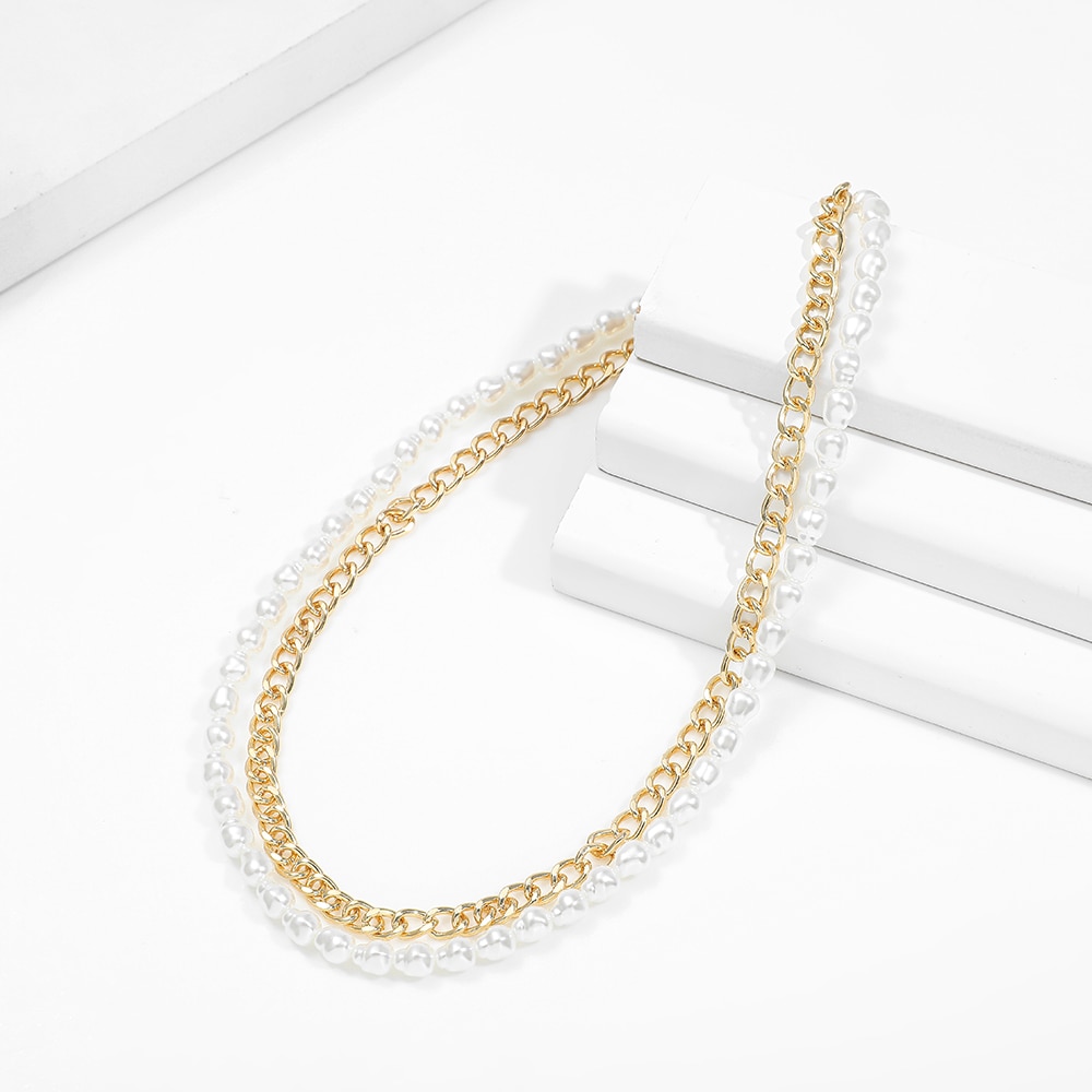 Vintage Pearl Necklaces for Women Round Buckle Double Layer Metal Link Chain Choker Necklace Birthday Jewelry