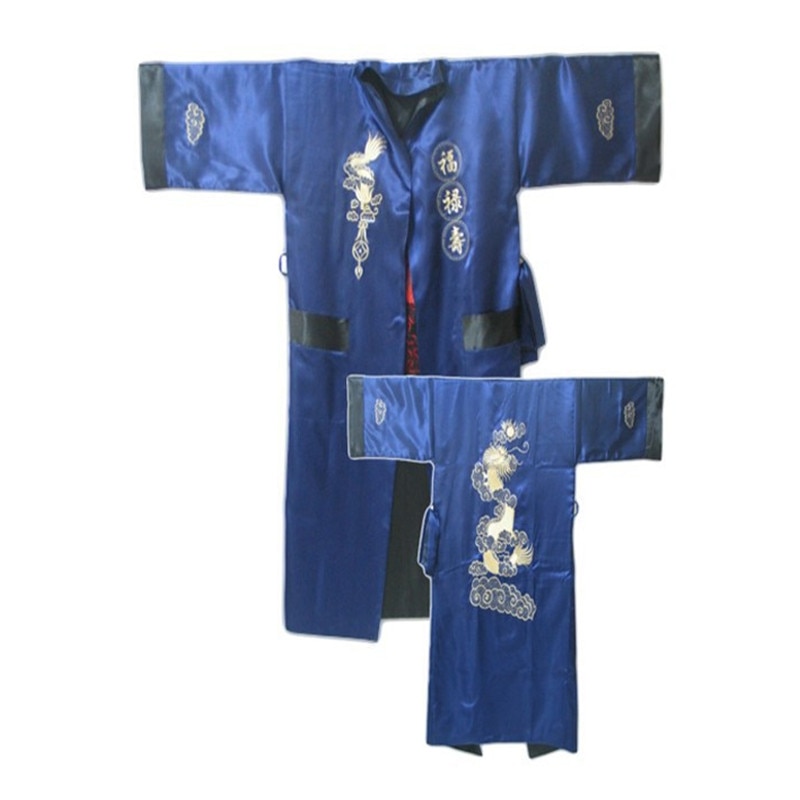Burgunder svart vendbar kinesisk herre sateng silke #39 -ansikts kappe broderi kimono badekjole drage en størrelse  s3003