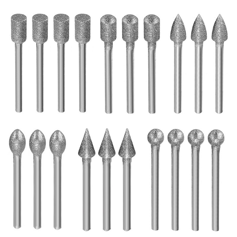 20Pcs 3mm Shank Diamond Burr Bit Cut Engraving Carving Rotary Drill Bits