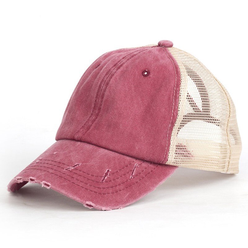 Mesh Ademende Zomer Paardenstaart Zonnehoed Dames Baseball Cap Gewassen Katoenen Pet Motorkap Leuke Hoed: Rood