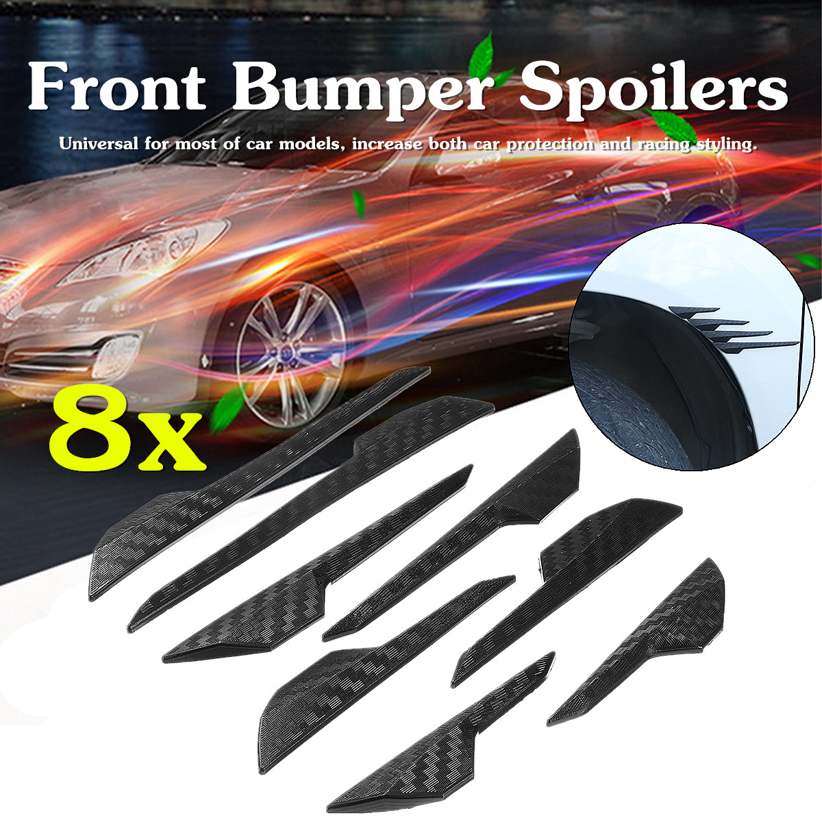 8Pcs Universal Front Bumper Lip Splitter Fins Body Spoiler Canards Refit Trim PVC Carbon Fiber Prevents Scratches Good Toughness
