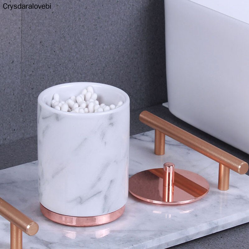 Mármol de cerámica caja de almacenamiento de algodón organizador de hisopo casa palillo titular de oro de lujo de baño recipiente para algodones con tapa