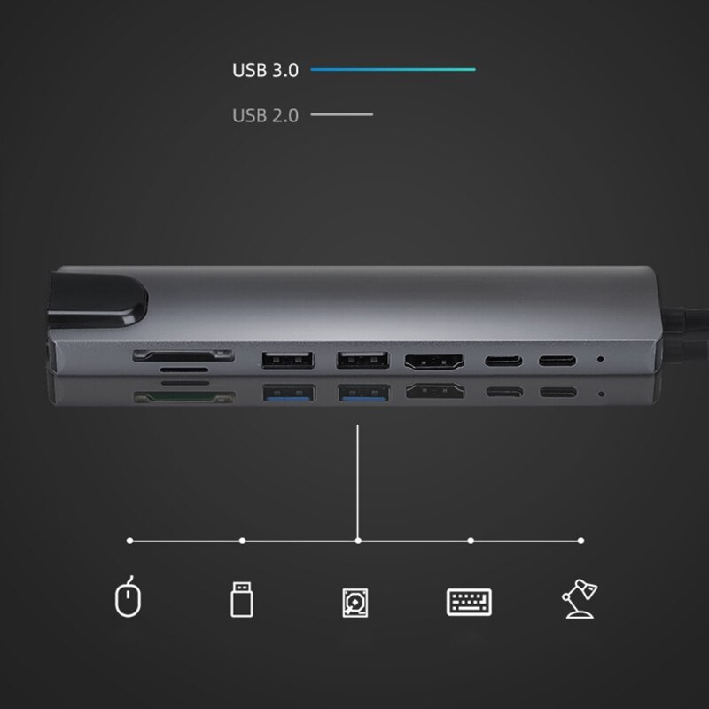 8-in-1 tipo C Hub Docking Station per Computer portatile adattatore USB con lettore di schede SD/TF compatibile HDMI PD 65W