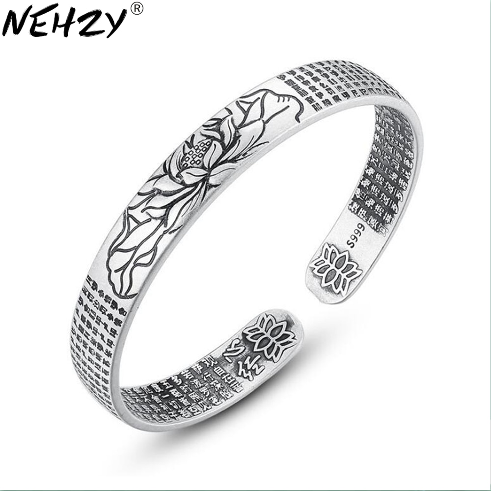 Nehzy S925 Stempel Zilver Sieraden Vrouw Sieraden Vintage Etnische Stijl Lotus Hart Armband Opening Verstelbare Armband