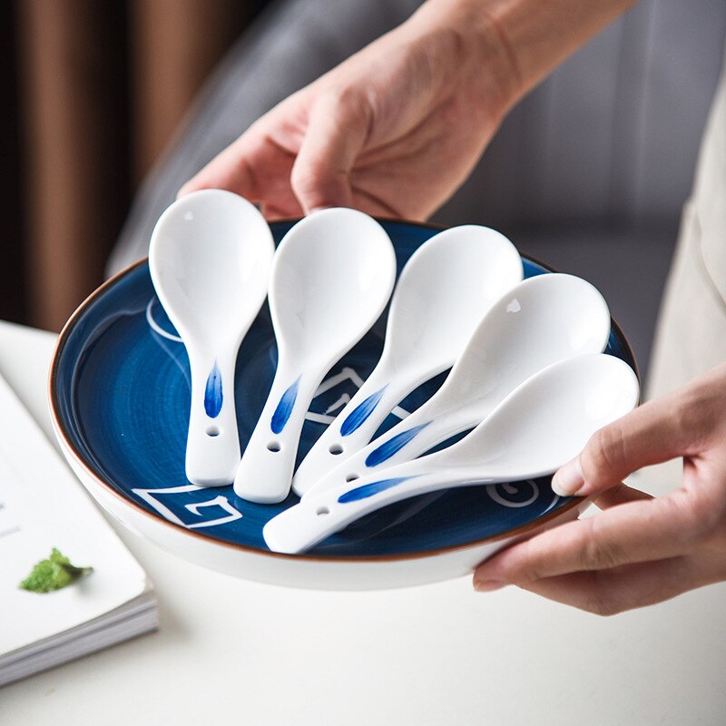 5PCS/SET Hand Drawn Japanese Ceramic Soup Spoons Environmental Protection Healthy Porcelain Household Tableware Spoons