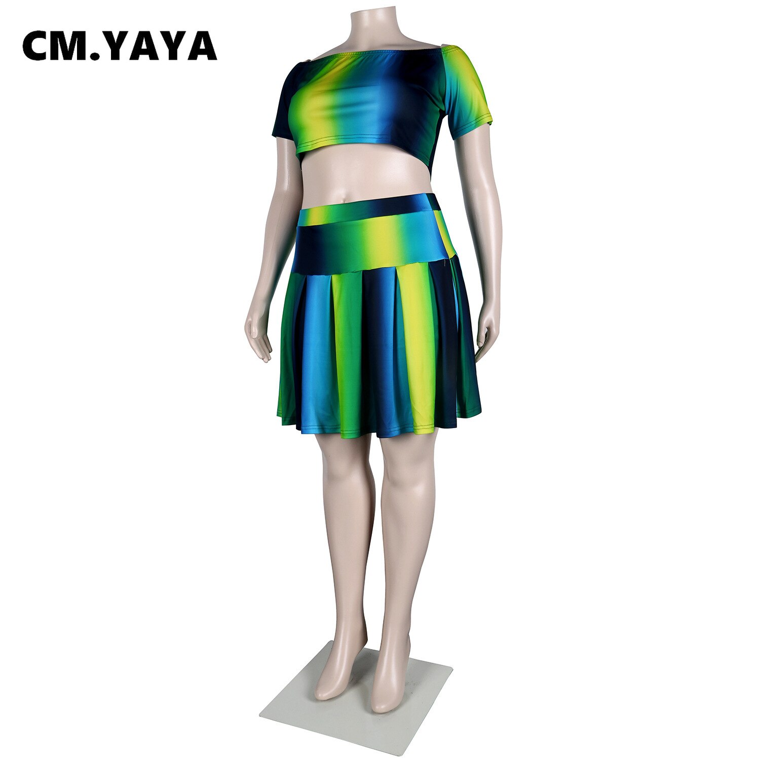 Cm. Yaya Vrouwen Plus Size Set Print Korte Mouw O-hals Crop Tops Korte Geplooide Rokken Twee 2 Stuk Sets Mode Outfits zomer