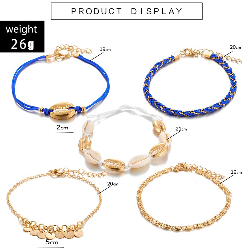 Tocona 5pcs/sets Bohemian Shell Gold Anklets for Women Colorful Rope Tassel Barefoot Sandals Foot Chain Summer Jewelry 8799