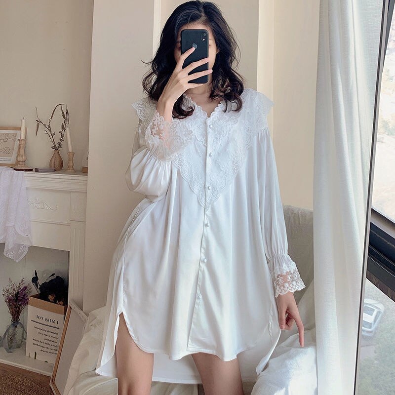 Camisola feminina renda doce manga comprida, camisola casual folgada coreana adorável mini vestido vintage branco com botões