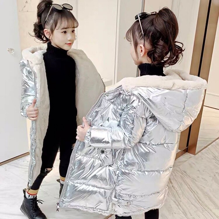 Pink Gilding Fabric Glossy Long Jacket Winter for Girls Hooded Warm Glossy Down Cotton Boys Outerwear Children's Parkas Coats: Silver / 8T