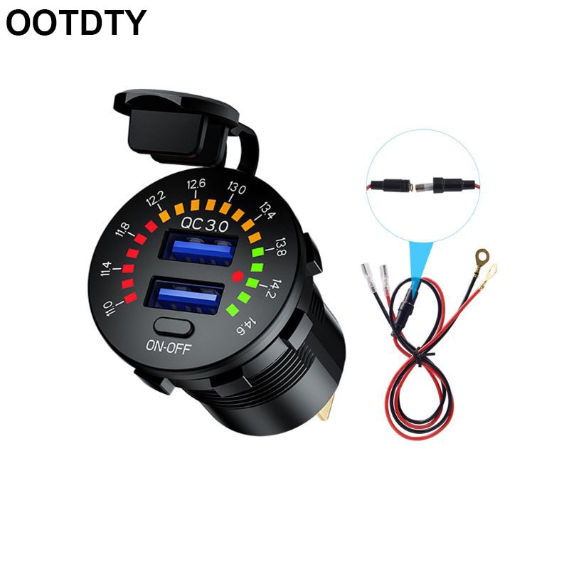 12V 24V QC 3.0 Dual USB Car Charger Waterproof 18W USB Outlet Fast Charge with LED Voltmeter ON OFF Switch Power Cable