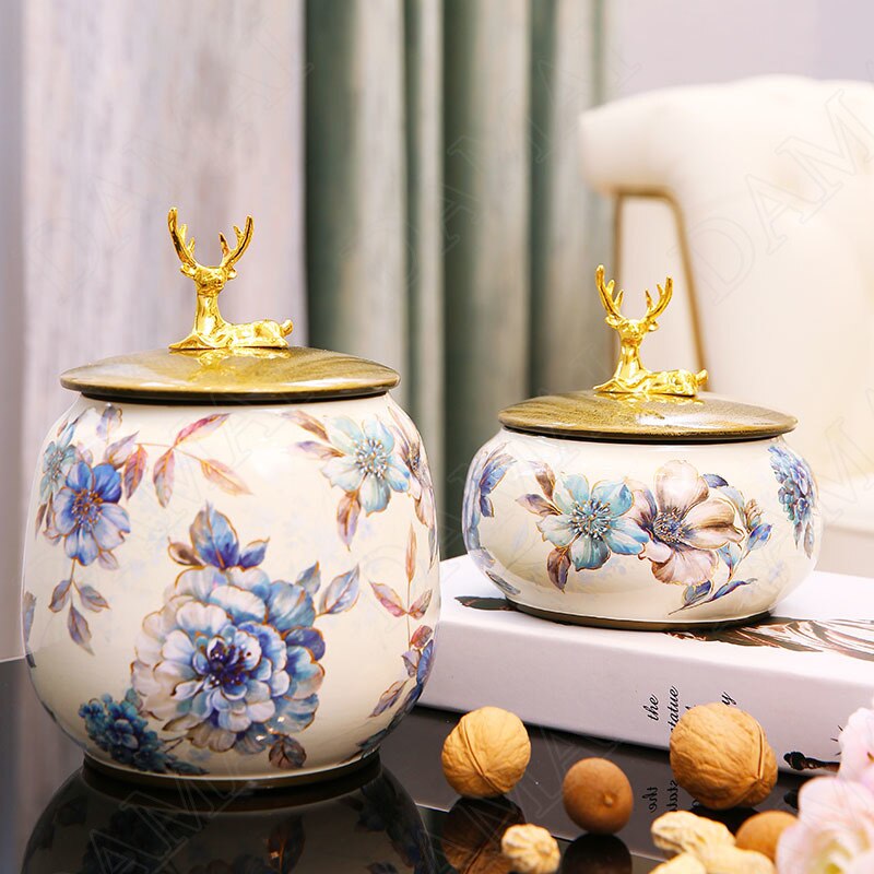 Gouden Elanden Keramische Opslag Potten Met Deksel Bloemen Decoratie Sieraden Cosmetische Organizer Jar Kaptafel Organisatie Tanks