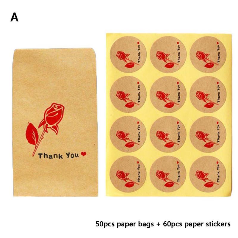 50pcs Kraft Paper Bag with 60pcs Thank You Round Label Stickers for Candy Package Bags Wedding Party Favors Suplies: A