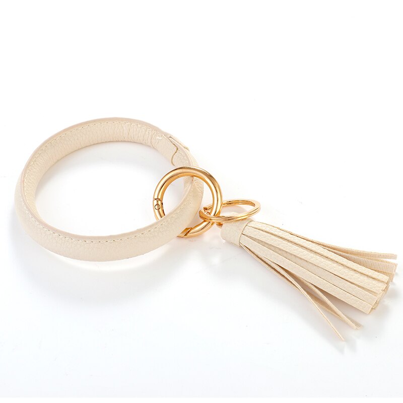 ALLYES Tassel Round Wristlet Keychain for Women Girls Charm Leather Bangles Key Chain Jewelry: White