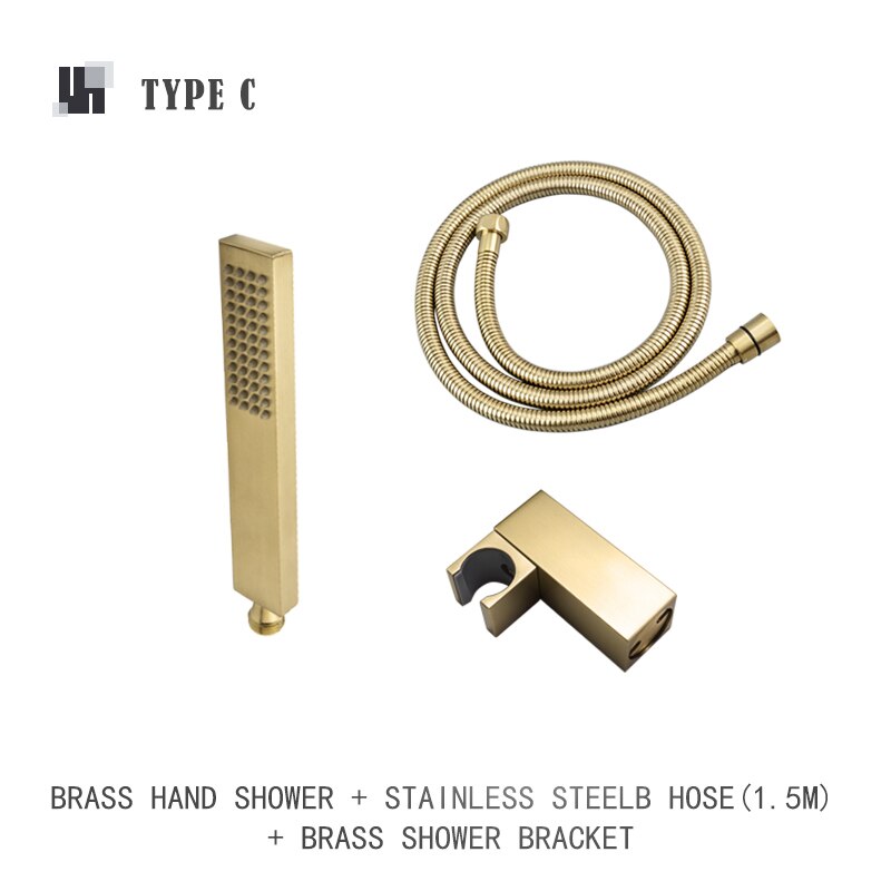 Brushed Gold Hand Shower Bathroom Handhold Water Saving Shower Head Round Square Wall Mount Holder Shower Hose Bath Hand Sprayer: Type C Whole Set