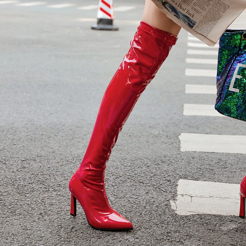 Morazora Grote Maat 34-43 Lakleer Stretch Laarzen Vrouwen Hoge Hakken Over De Knie Laarzen Herfst Winter dij Hoge Laarzen