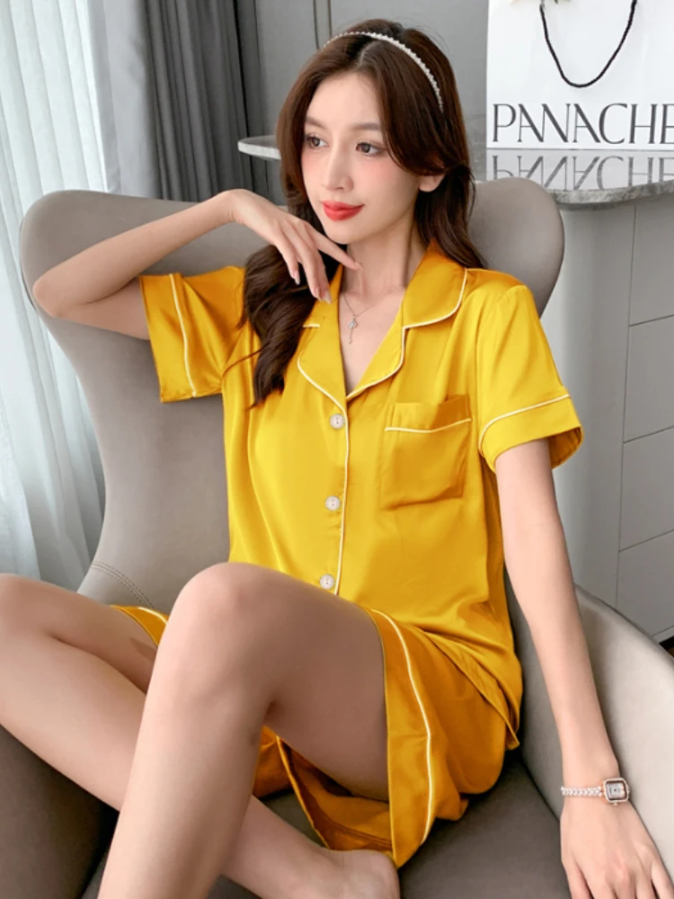 Summer Blue Women's Pajama Set Faux Stain Sleepwear V-neck Pyjama Button Top Shorts Slim 2-piece Female Nightgown Loungewear: M / Pink