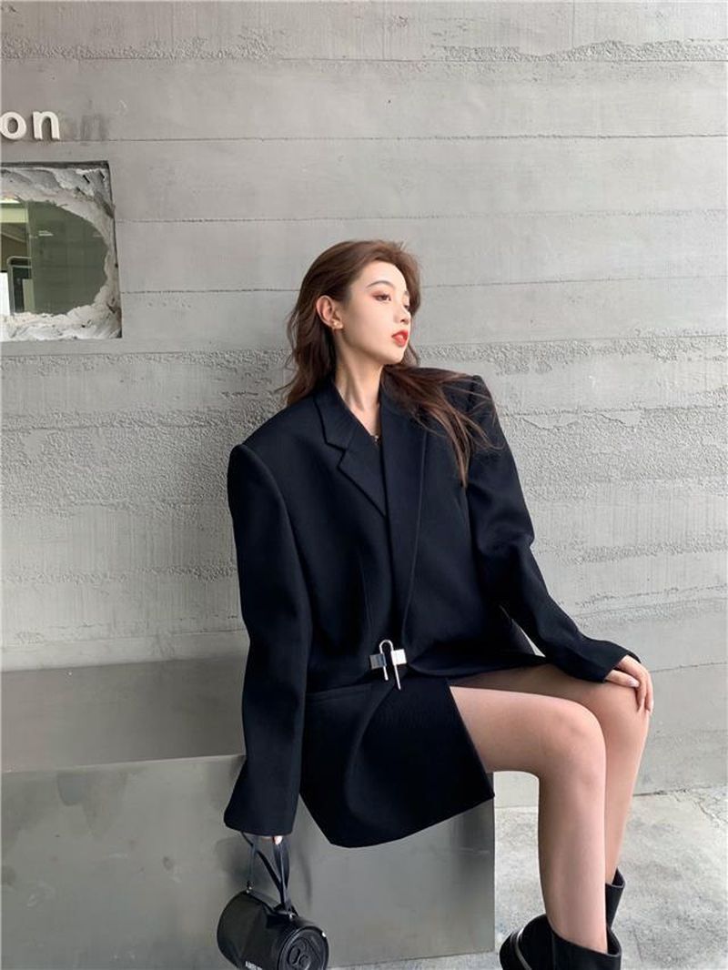 Woman 2022 Loose Long Black Blazer Dress Women Blazers Jackets Suits Jacket Party Formal Wear Solid Notched Street Style Punk