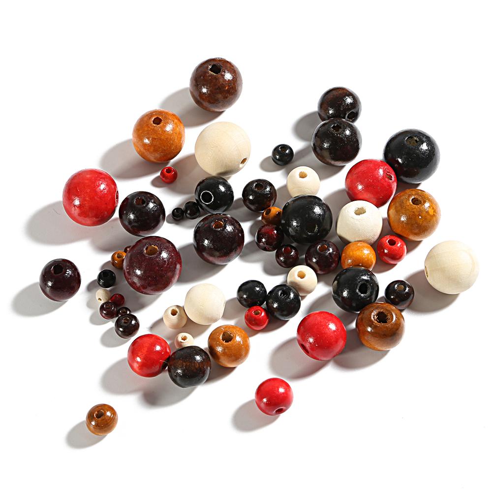 Perles Rondes en Bois Naturel, Noires, Brunes, Rouges, pour Travaux Manuels, Accessoires de Bijouterie, 4, 6, 8, 10, 12, 14, 16, 18, 20mm, Lot de 20 à 100 Pièces