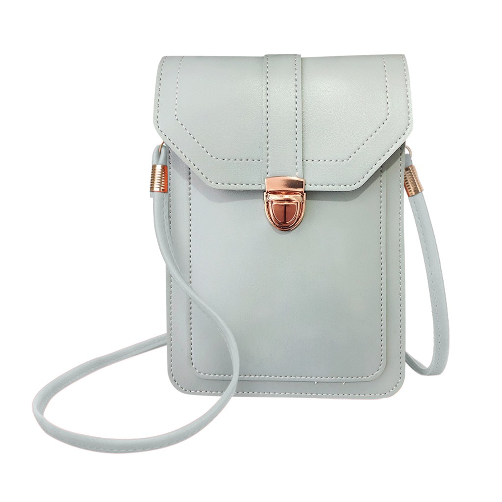 Sac en cuir pour Mini téléphone portable | Sacs à bandoulière, avec arrière latéral, fenêtre transparente pour écran tactile: Blue 