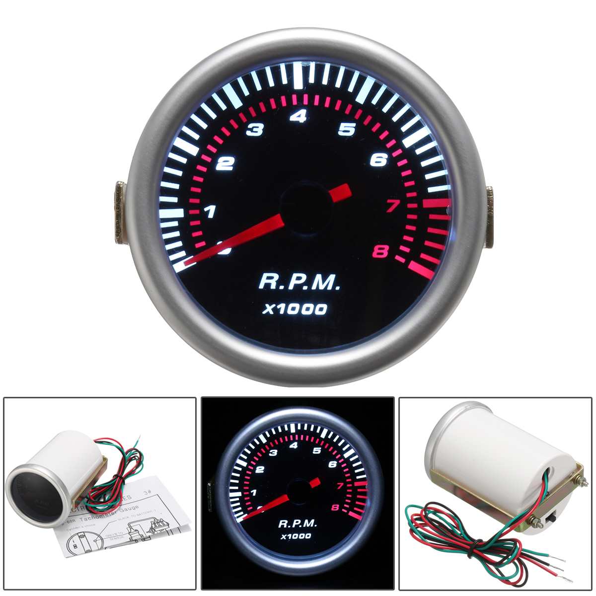 2 Inch 52 Mm Toerenteller Gauge Auto Tacho Tester Meter 12V 2A Pointer Led Display Universele Voor 4 / 6 / 8 Cilinder Auto