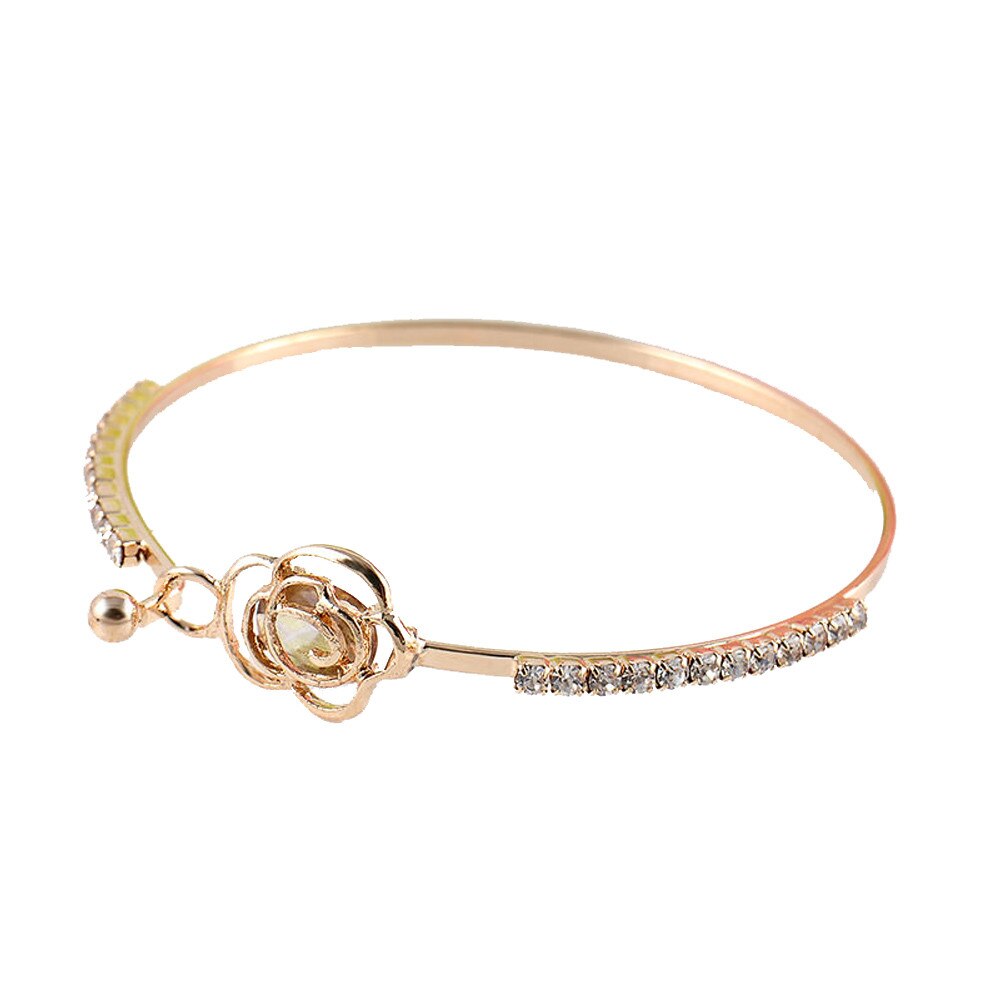 Pulseira de metal da menina de ouro elegante feminino cristal rosa flor pulseira pulseira de punho jóias para o dia dos namorados pulseras