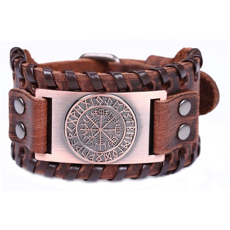 Nordic Vintage Kompas Talisman Viking Armband Punk Lederen Verstelbare Pols Wrap Armband Voor Mannen Boy Biker Sieraden