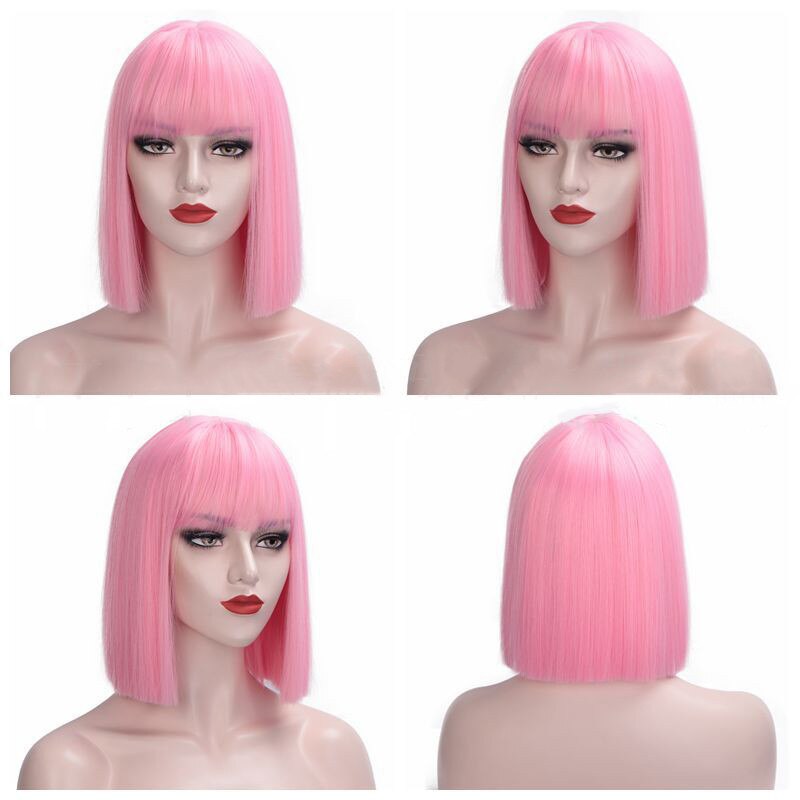 Perruque de Cosplay synthétique lisse et courte avec frange pour femmes noires, 12 pouces, rose, blond mélangé