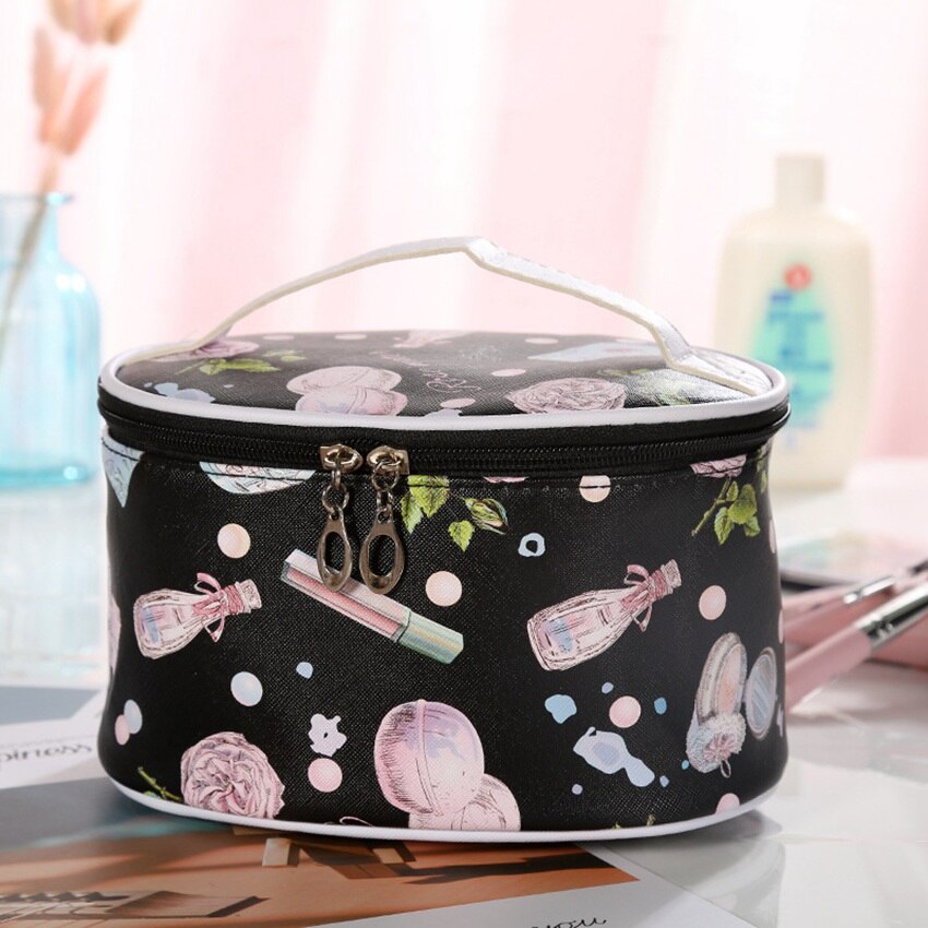 cosmetic bag cases PU women make up bag casual travel Organizer Storage makeup box wash beauty bag: Black