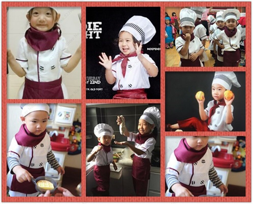 Halloween Kids Chef Jackets Catering Baking Uniforms Food Service Children Kitchen Restaurant Waiter Cook Hat Role Play Costumes