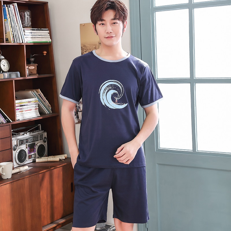 Ensemble pyjama d&#39;été pour hommes, bleu Royal, chemise et Short de nuit, 100% coton, tenue courte, grandes tailles 3XL et 4XL, vêtements de nuit décontractés