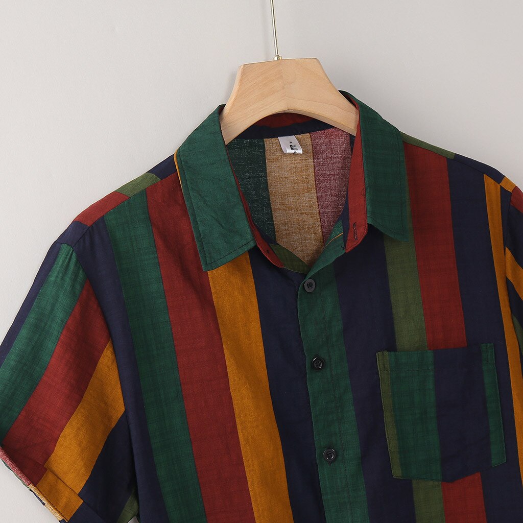 Camisa informal de verano para hombre, camisa holgada de manga corta con estampado a rayas y botones, camisa hawaiana de playa entallada,