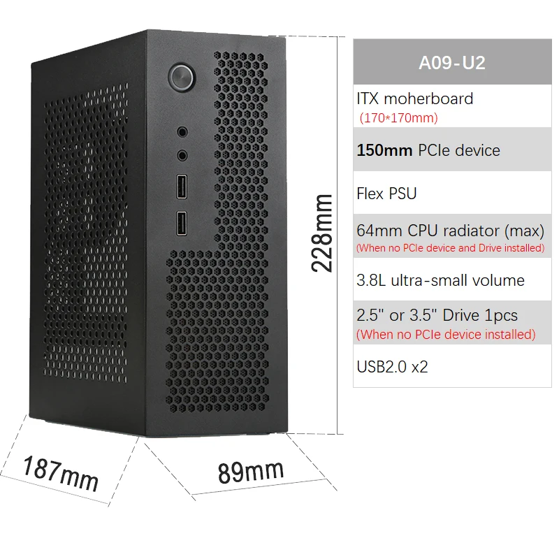 A09 3.8L ITX Chasis A4 HTPC Computadora portátil PC Soporte PCIe 2.5' SSD Drive Mini IPC Flex PSU Case: Azul
