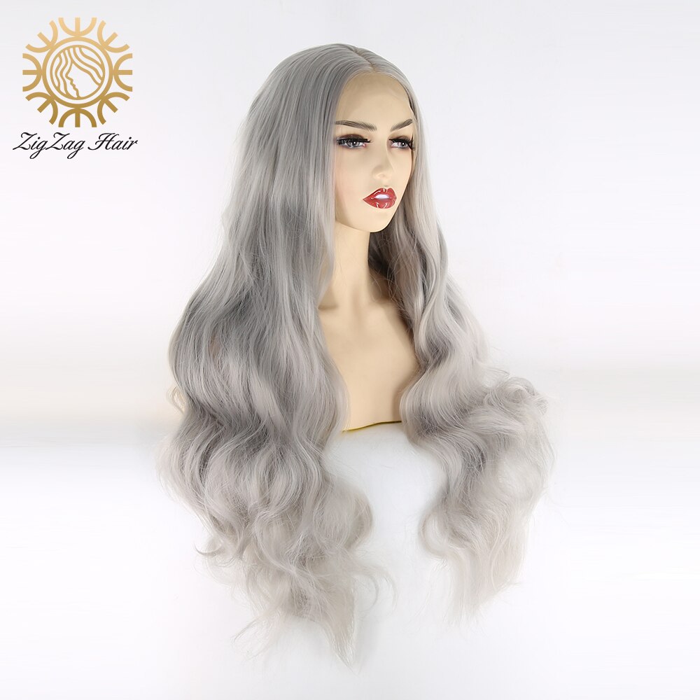Zigzag Silver Grey Body Wave Synthetische Lace Front Pruik Voor Witte Vrouwen Lange Middelste Deel Pruik Natuurlijke Haarlijn Hittebestendige fiber