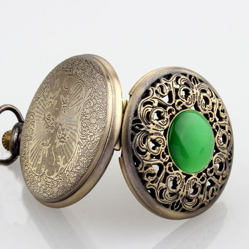 Colgante de collar de piedra de Jade de imitación hueca de bronce, reloj de bolsillo decorado, decoración de Esmeralda, para hombres y mujeres