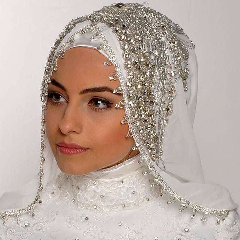 Luxury Sewing Beads Crystal Wedding Veils White/Ivory Length Wide Muslim Veils Hijab One Layer Handmade Wedding Veil