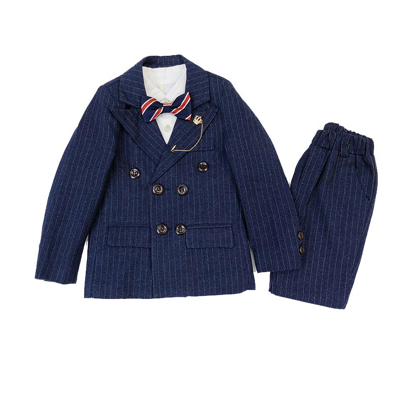 Børne & #39 ;s formelle dobbeltradede jakkesæt sæt blomsterdrenge stribede blazer bukser 2 stk outfits børn bryllup fest galla kostume: Blå / 5t