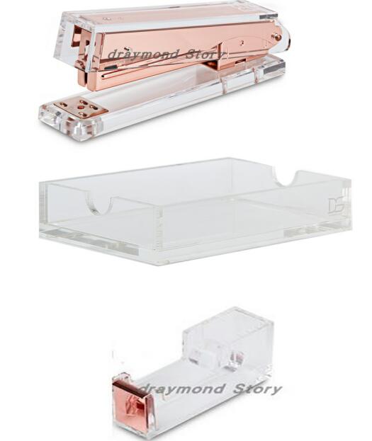 3pcs/setClear Memo Pad Note Holder+ Clear Gold Toned Acrylic Tape Dispenser +Acrylic Stapler desk kit: rose gold 3pcs set