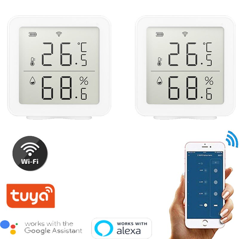 Tuya wifi lämpömittari digitaalinen lcd -näytön anturi älykäs lämpötila kosteus kosteusmittari digitaalinen sovelluksen ohjaus alexa smart home: 2 kpl