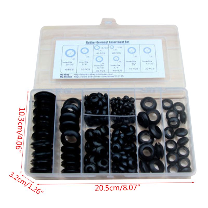 200 Stks/doos Rubber Tule Pakking Kits Voor Draad Kabel Zwart Assortiment Set 62KC