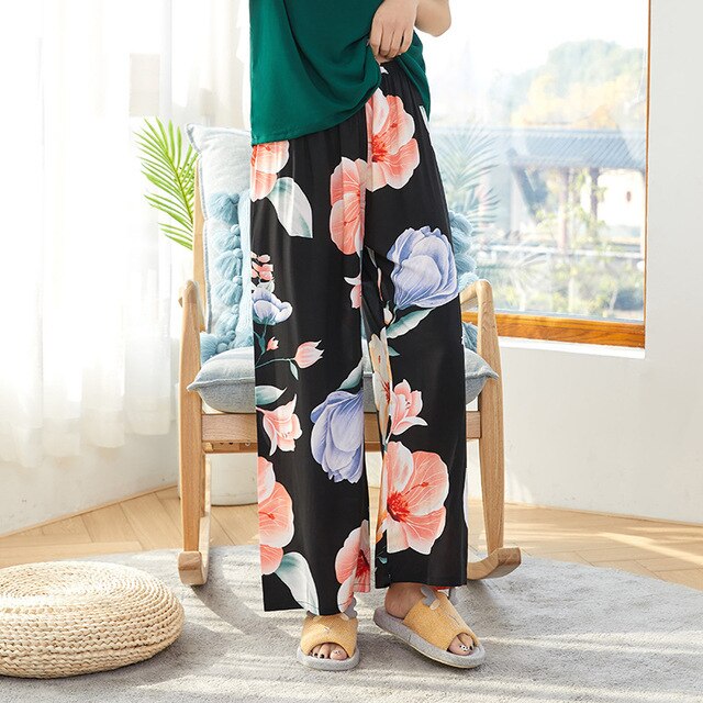 Summer Sleep Wear for Women Pajama Printing Loose Sleep Pants Calf-Length Pants Sleep Bottoms Home Wear: J10
