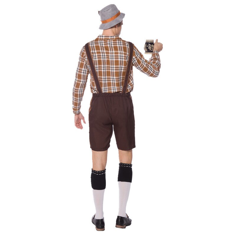 Men Oktoberfest Costume Germany National Plaid Shirt Lederhosen Outfit Cosplay Carnival Halloween Fancy Party Dress