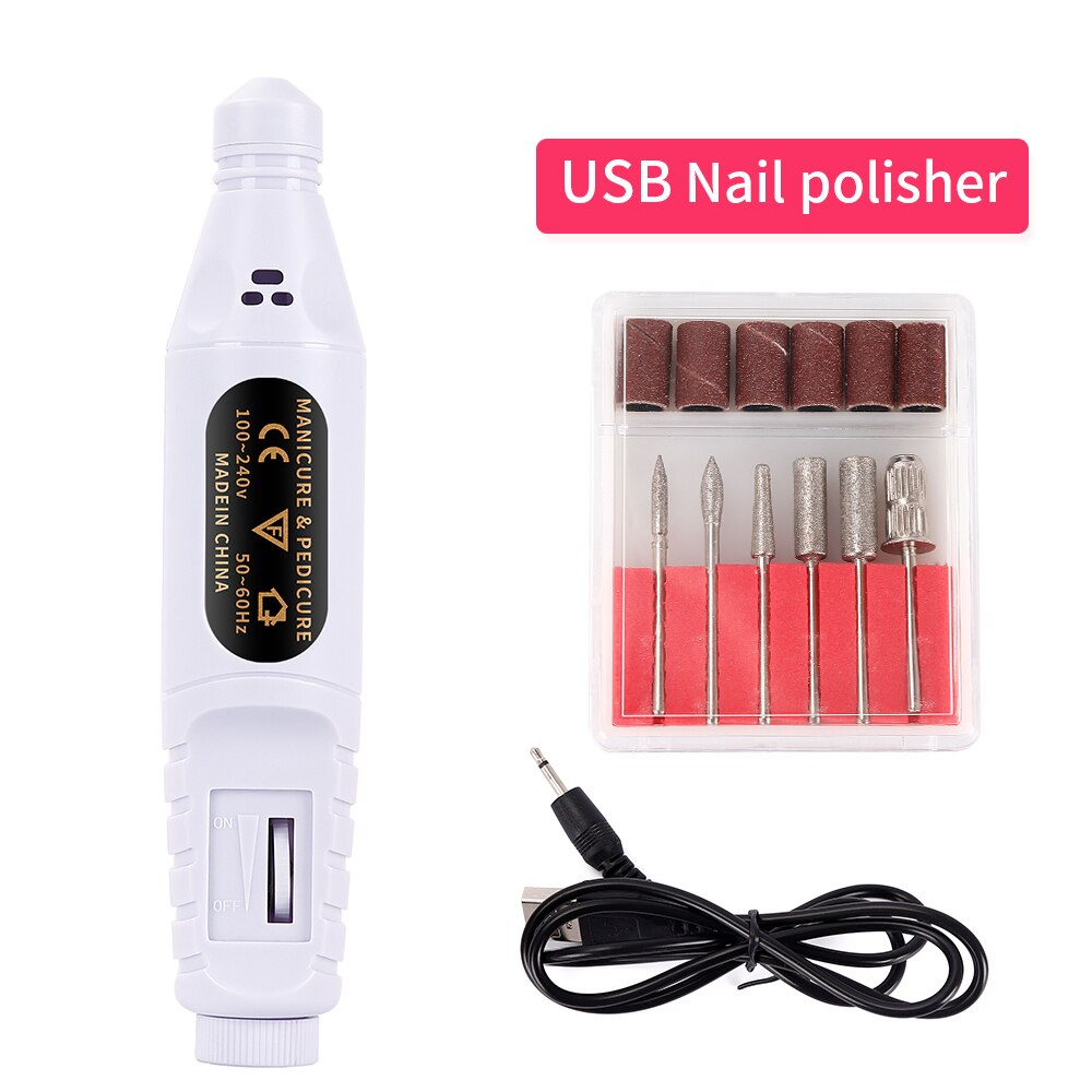 6 Stks/set Usb Opladen Professionele Nail Polijstmachine Nail Elektrische Boren File Acryl Tool Manicure Pedicure Machine Nail Art Gereedschap: white