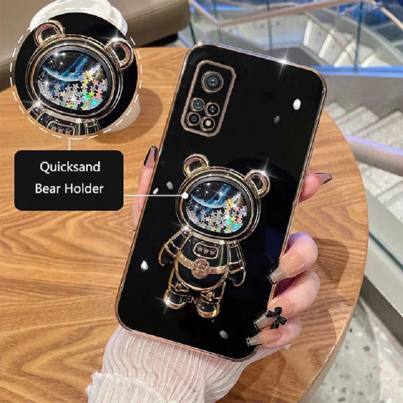 Funda de teléfono para Xiaomi Mi 9 Mi 9T Mi 9T Pro Xiaomi Mi 10 Xiaomi Mi 10T Mi 10T Pro, funda con soporte plegable de oso de dibujos animados chapado en arena movediza: Mezclilla / Beige